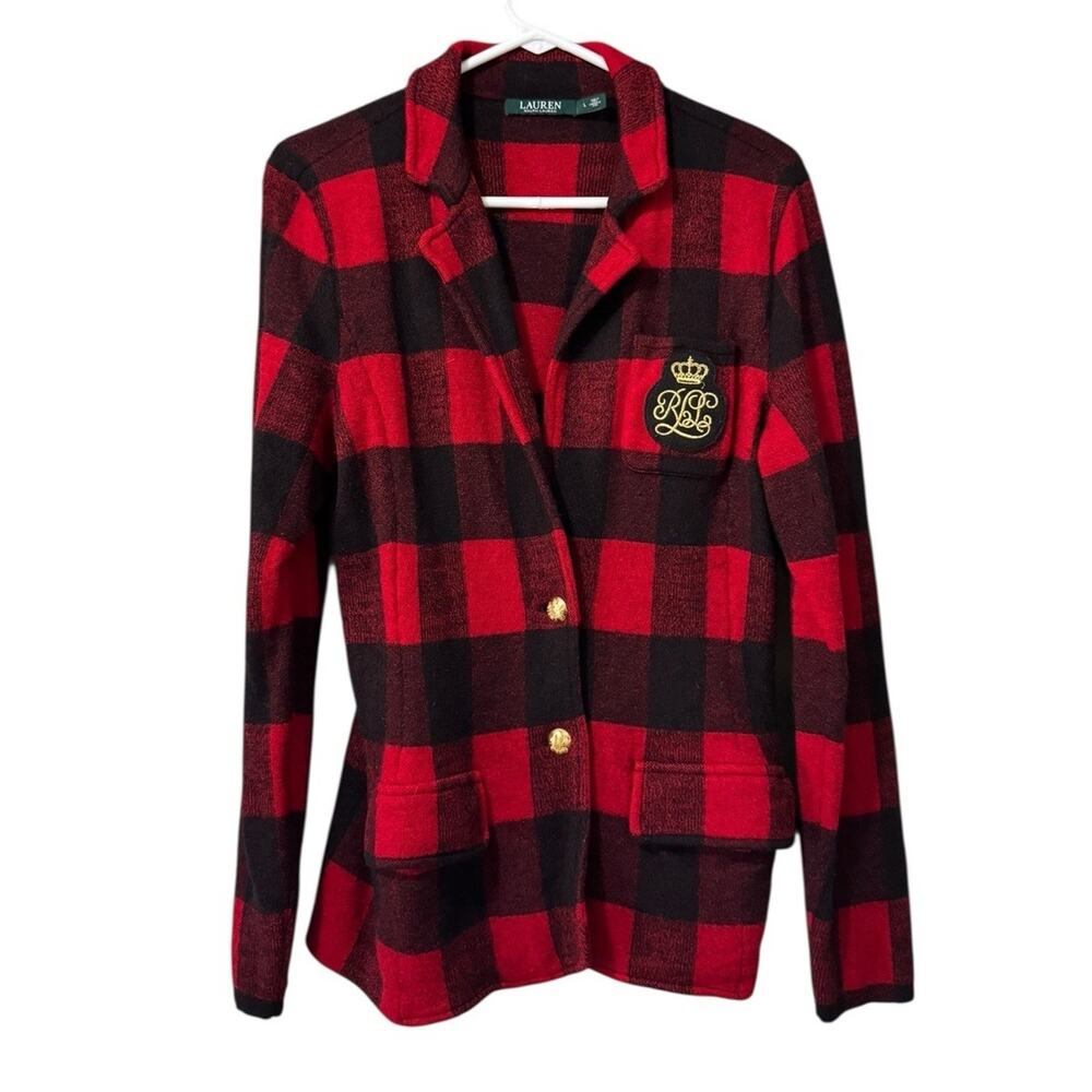 Lauren Ralph Lauren Jacket Womens Size Large Red Check 100% Wool Preppy Designer